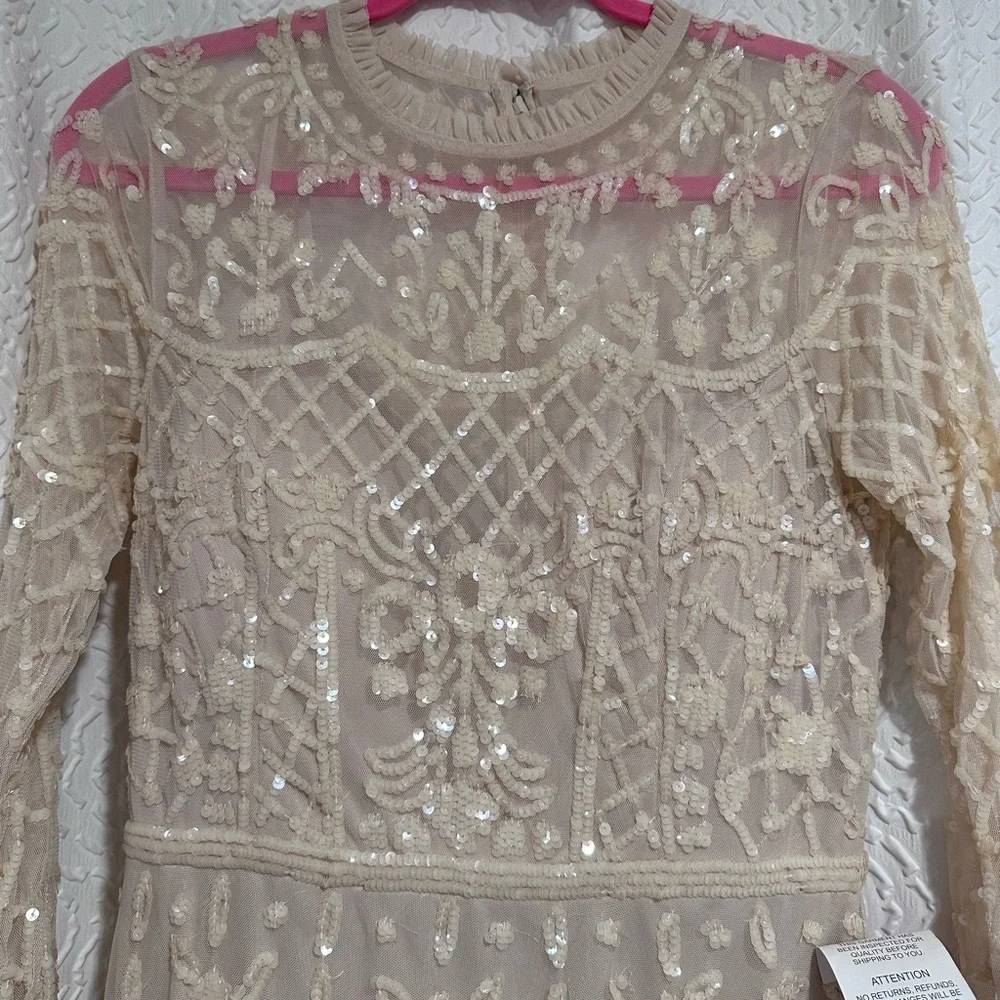 Nude Sequined Illusion Tiered High Neck Long Sleeve Midi Dress Size 6 - Picture 5 of 15